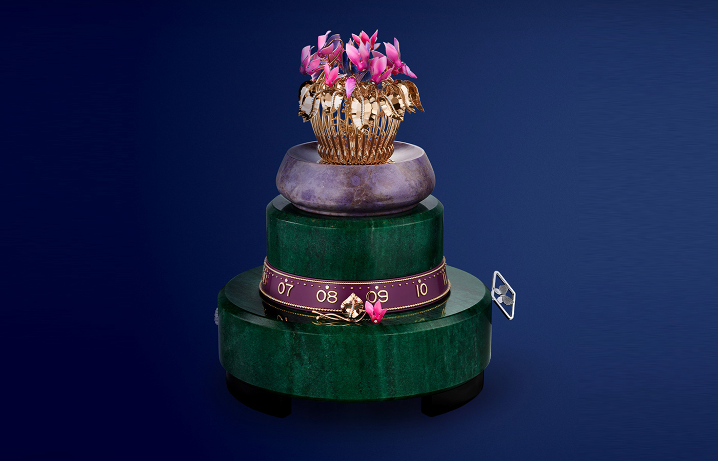 The Van Cleef & Arpels Lady Arpels Éveil du Cyclamen automaton with an eight day power reserve and on-demand animation, crafted with rose, yellow and white gold, pink sapphires, diamonds, purple jade, green aventurine, lacquer, black ebony, aluminium and goat leather, to be showcased at the Poetry of Time exhibition