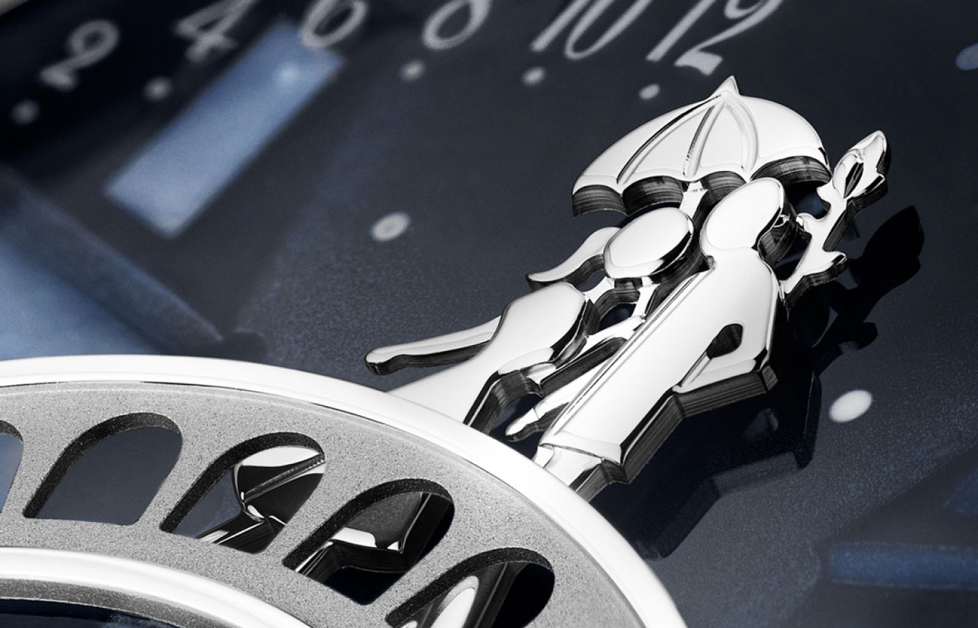  A closer look at the details on the Van Cleef & Arpels Midnight Pont des Amoureux watch with a 42mm case in white gold, featuring grisaille enamel, an on-demand animation module, and an alligator leather strap 