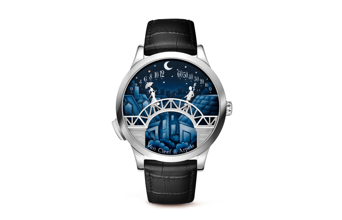 The Van Cleef & Arpels Midnight Pont des Amoureux watch with a 42mm case in white gold, featuring grisaille enamel, an on-demand animation module, and an alligator leather strap, to be showcased at the Poetry of Time exhibition in London 