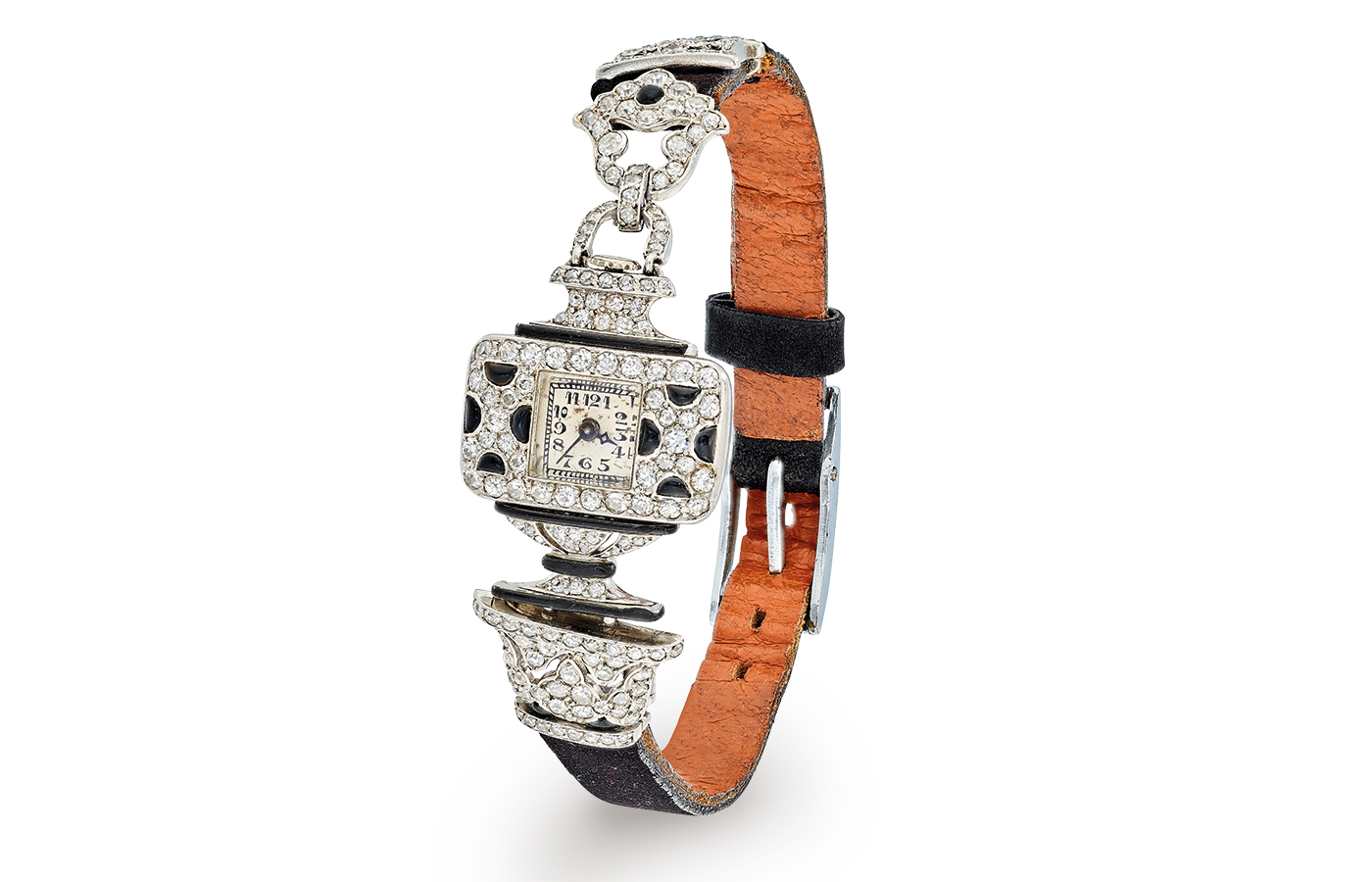  An Art Deco Van Cleef & Arpels bracelet watch from 1925, transformable into a lapel watch, in platinum, onyx and diamonds, to be showcased at the Poetry of Time exhibition in London 