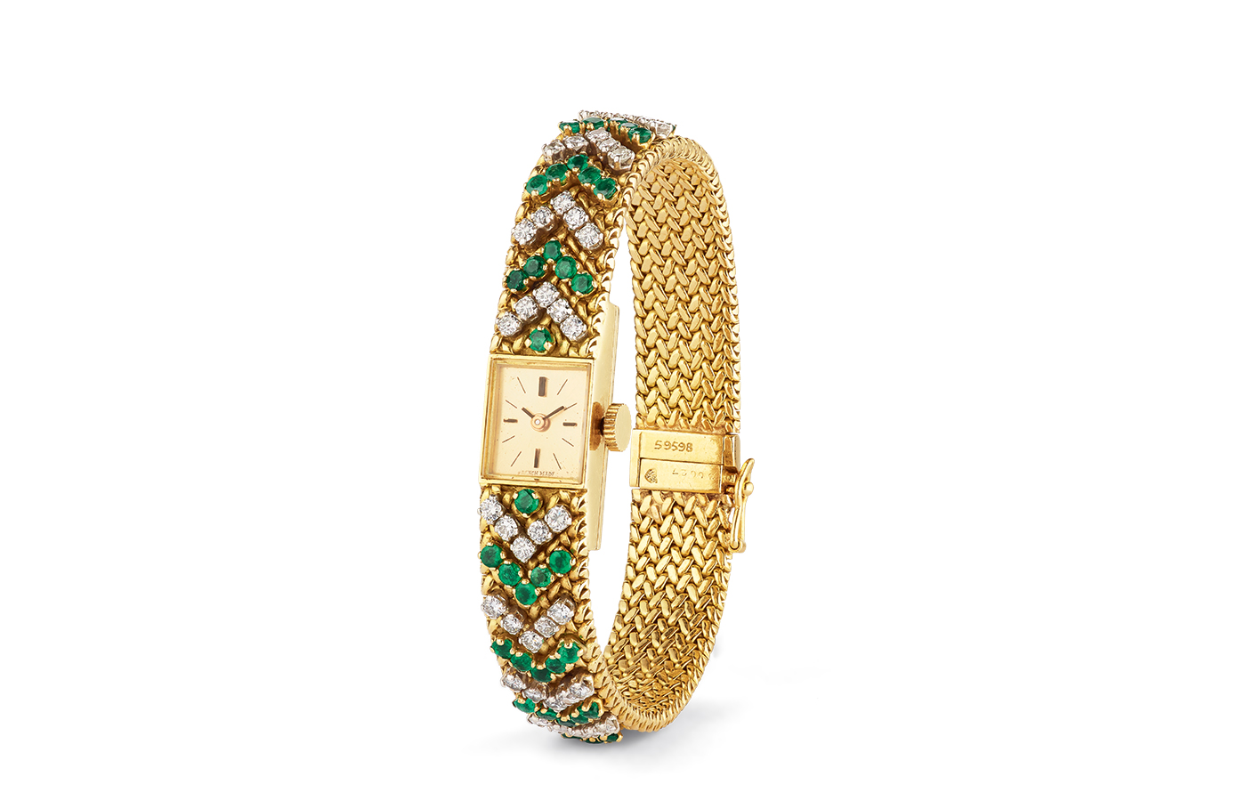  A Van Cleef & Arpels watch from 1965, crated in yellow gold and platinum with emeralds and diamonds, to be showcased at the Poetry of Time exhibition in London 