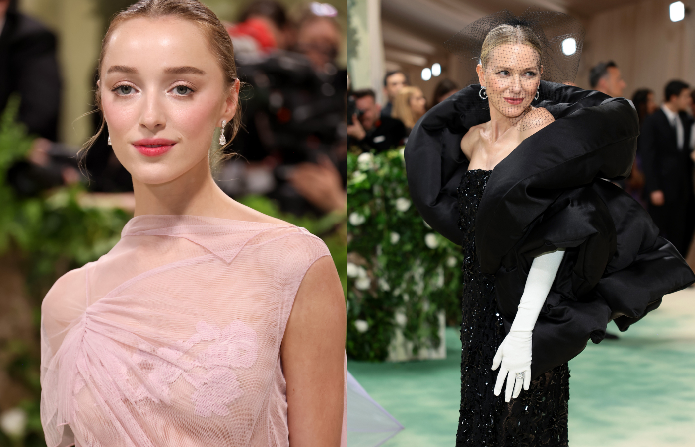  Phoebe Dynevor (left) wears Bucherer Fine Jewellery to the Met Gala 2024, including a classic ring with pear-cut diamonds, a fancy-cut diamond bracelet and the Masterpiece diamond earrings, while Naomi Watts opted for the Inner Fire Masterpiece bangle with pear-cut diamonds, a matching pair of earrings and a ring, all by the same brand 