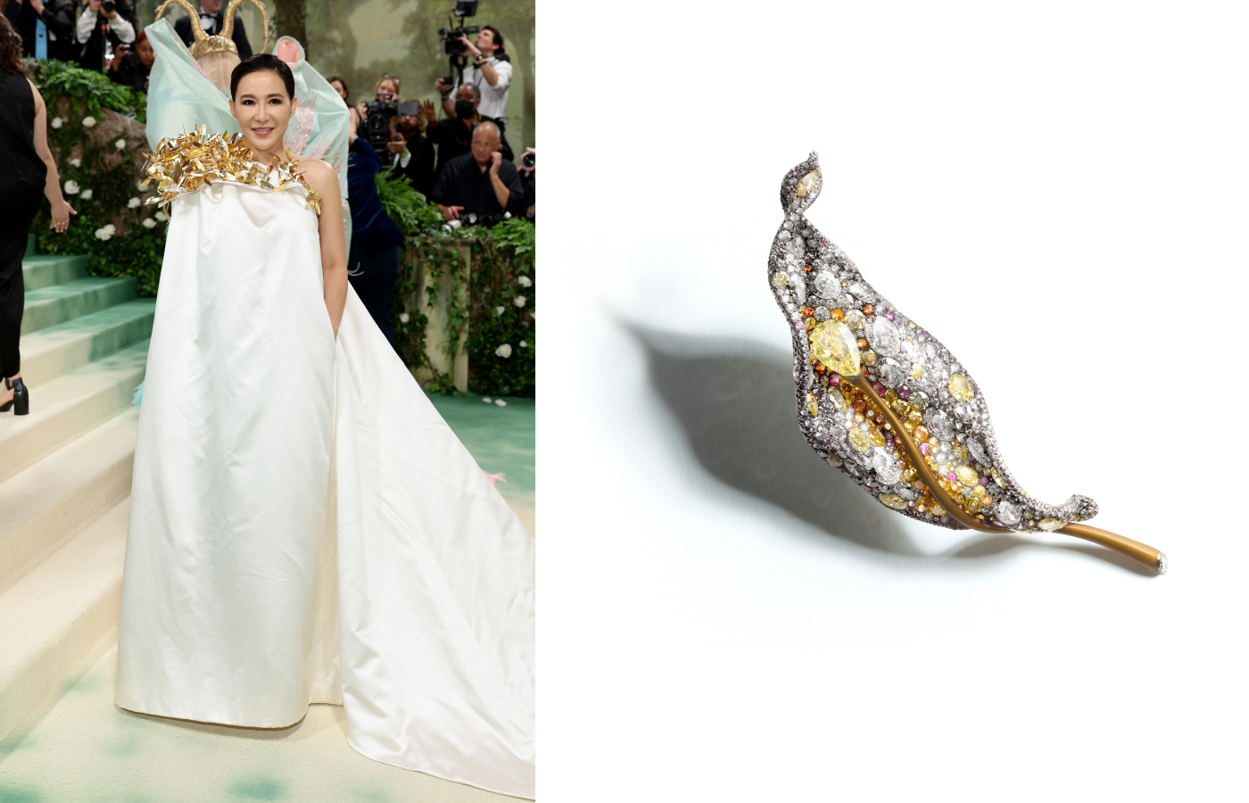  Cindy Chao attended the Met Gala 2024 wearing her 20th Anniversary Collection Four Seasons Leaf brooch, with a fancy intense yellow diamond, white diamonds, orange and pink sapphires in 18k white gold and titanium 