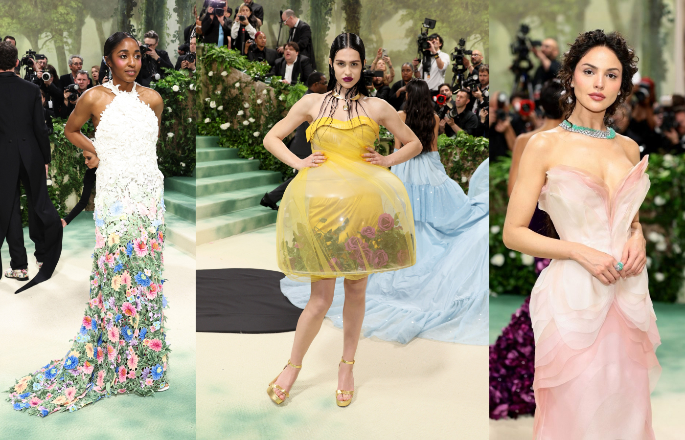  Celebrities attend the Met Gala 2024, including (from left to right) Ayo Edebiri in aquamarine drop earrings by Boucheron, Amelia Gray wearing the 34-carat cushion-cut yellow diamond Solar Diva necklace by Messika, and Eiza González Rivera wearing a striking Cartier necklace 