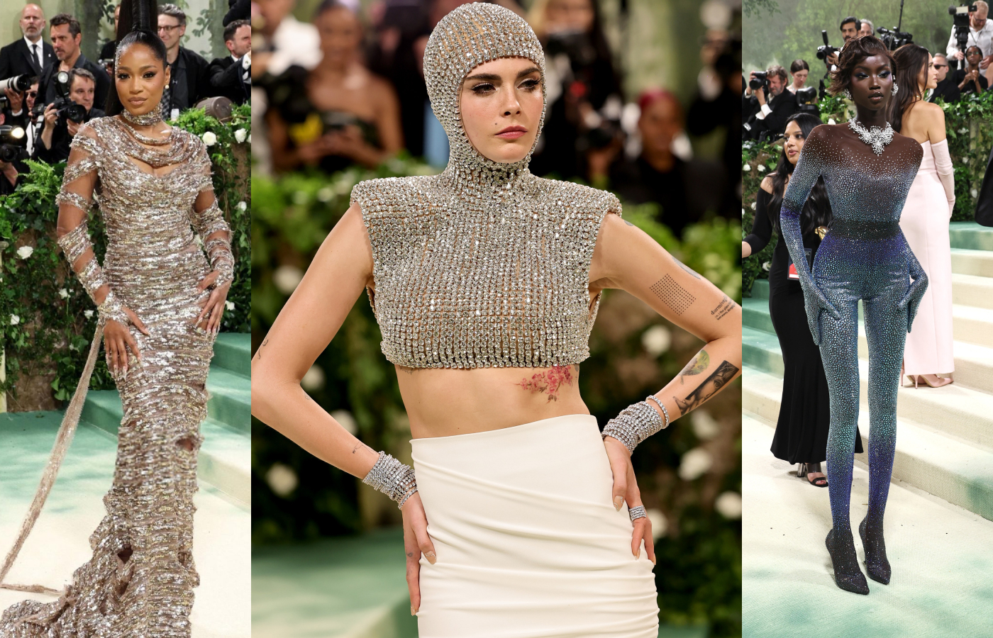  Famous faces attend the Met Gala 2024, including (from left to right) Keke Palmer wearing a pair of diamond stud earrings, Cara Delevingne wearing Stella McCartney body armour, and Anok Yai wearing Swarovski Created Diamonds from the Galaxy collection