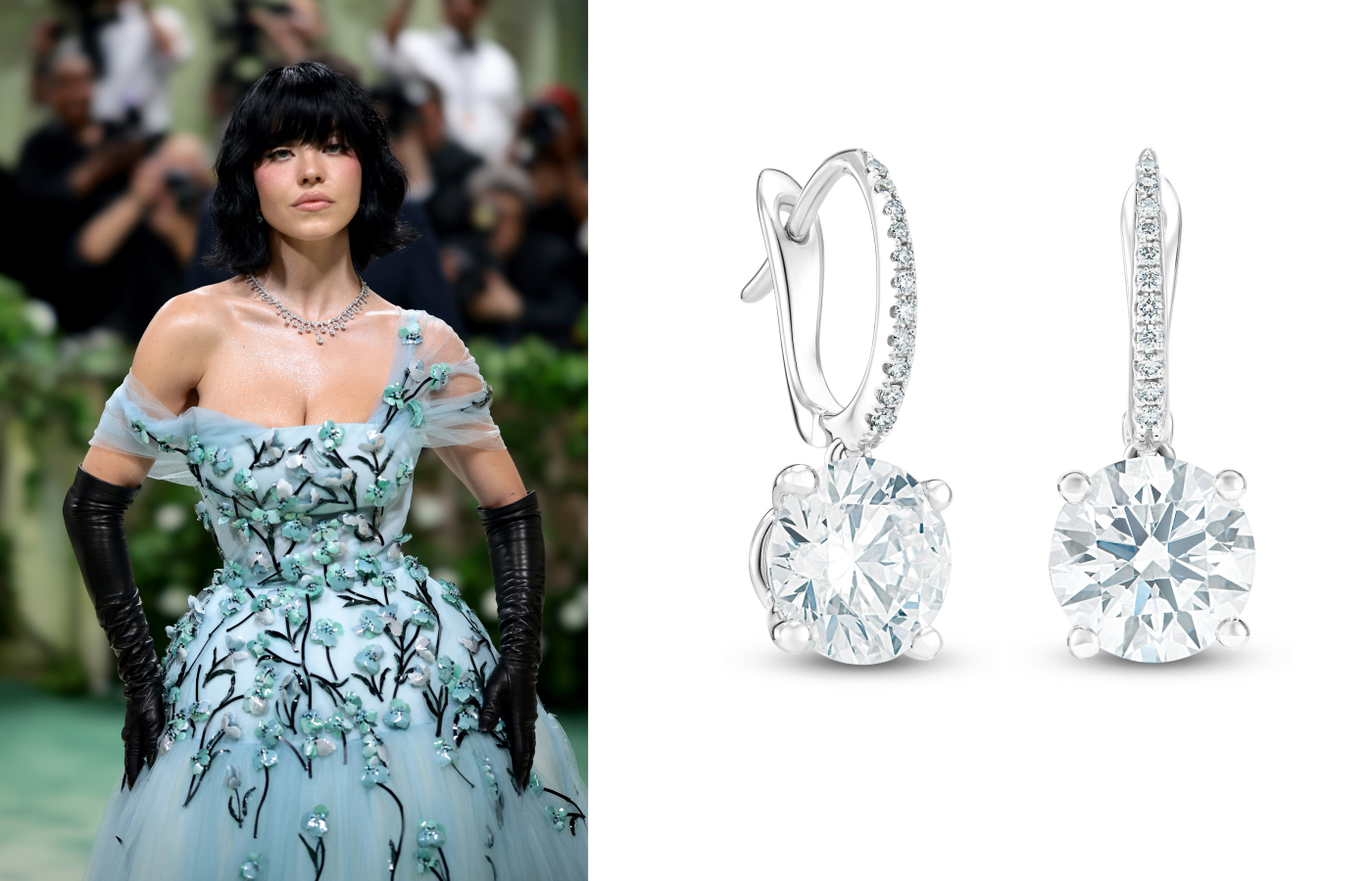  Sydney Sweeney attended the Met Gala 2024 wearing the De Beers Assana necklace in 18k white gold with 37.47 carats of diamonds, and the De Beers Classic Sleeper earrings with 6.84 carats of diamonds in platinum 