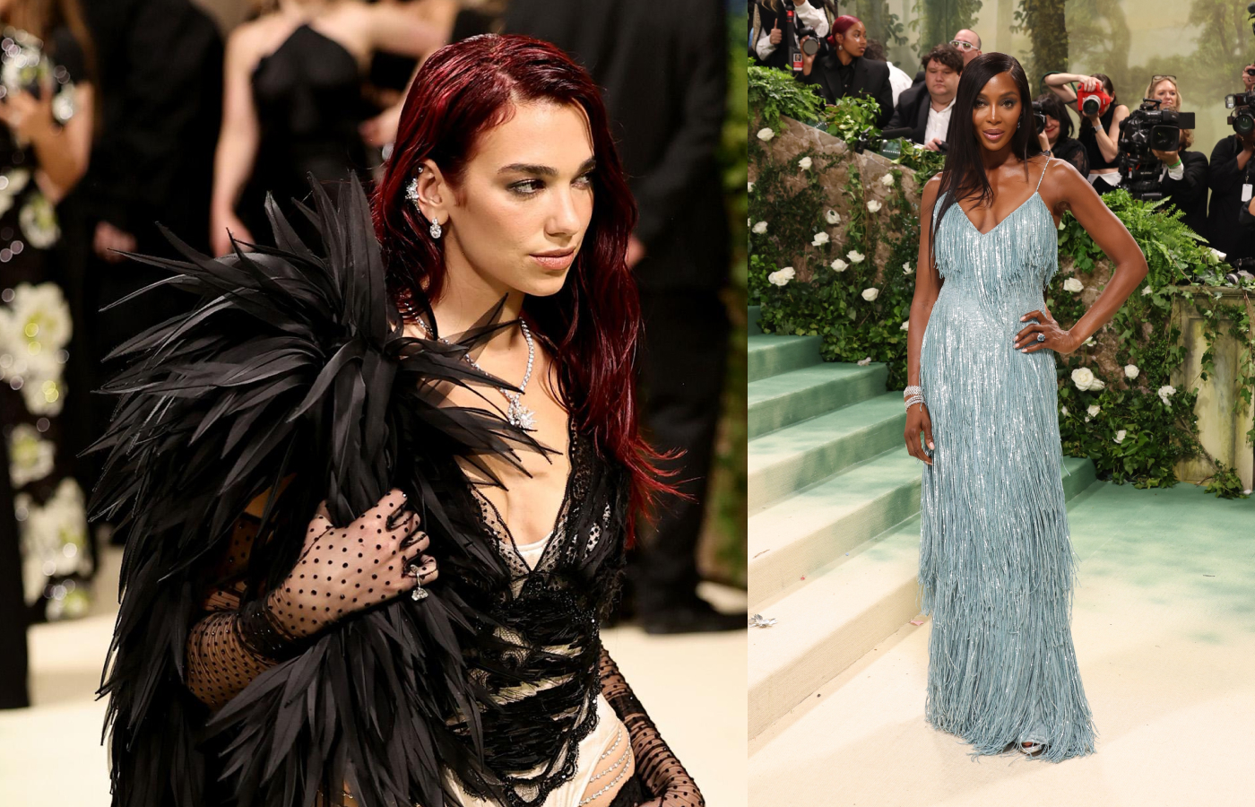 Dua Lipa attends the Met Gala 2024 wearing Tiffany & Co. jewellery including a platinum, yellow gold and diamond necklace, and Elsa Peretti Diamonds by the Yard necklaces worn low on her waist, and Naomi Campbell wearing diamond earrings and matching bracelets 