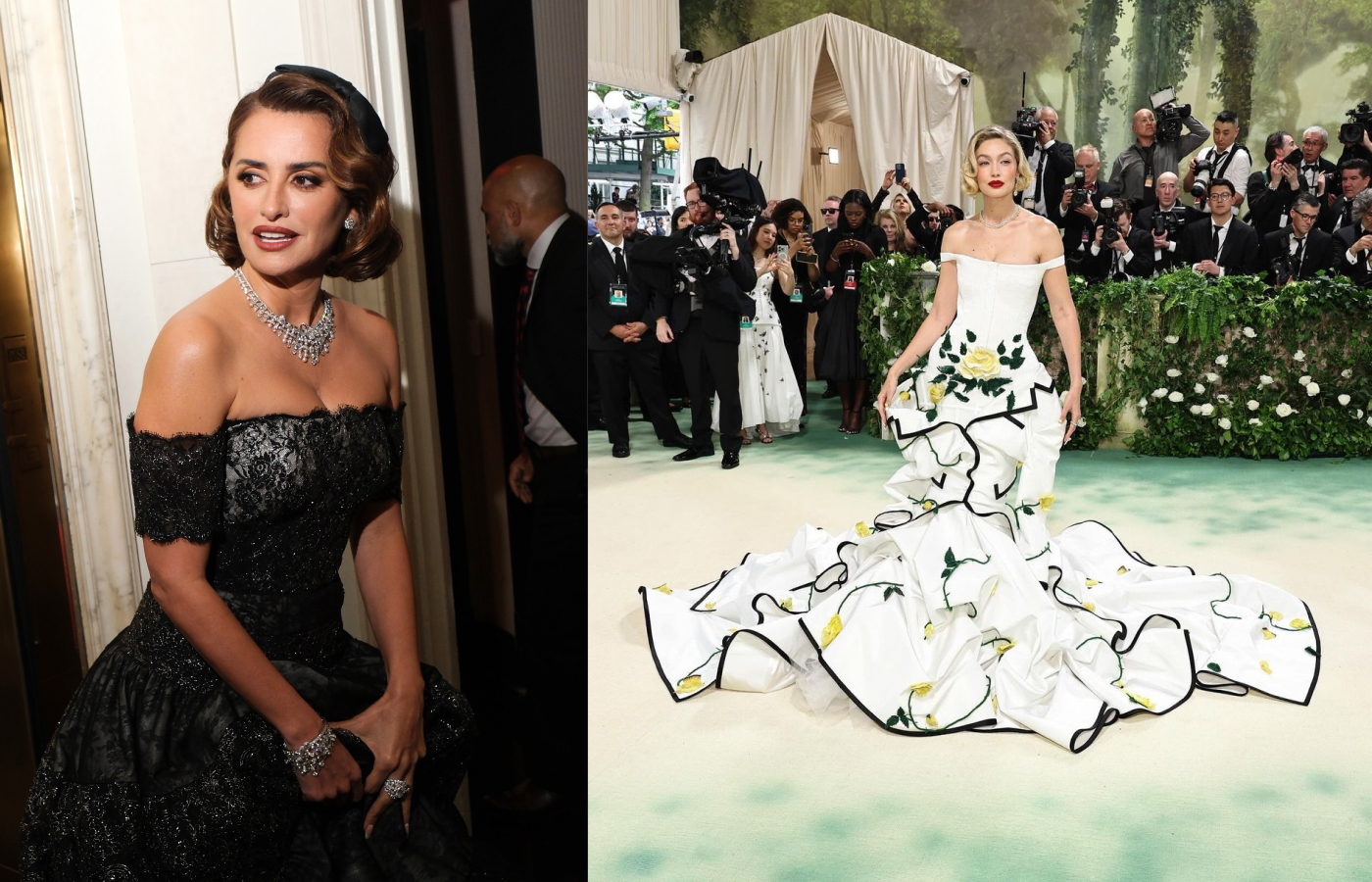 Penelope Cruz wears Chanel diamonds from the Tweed de Chanel High Jewellery collection, while Gigi Hadid chose yellow and white diamonds by Chopard 