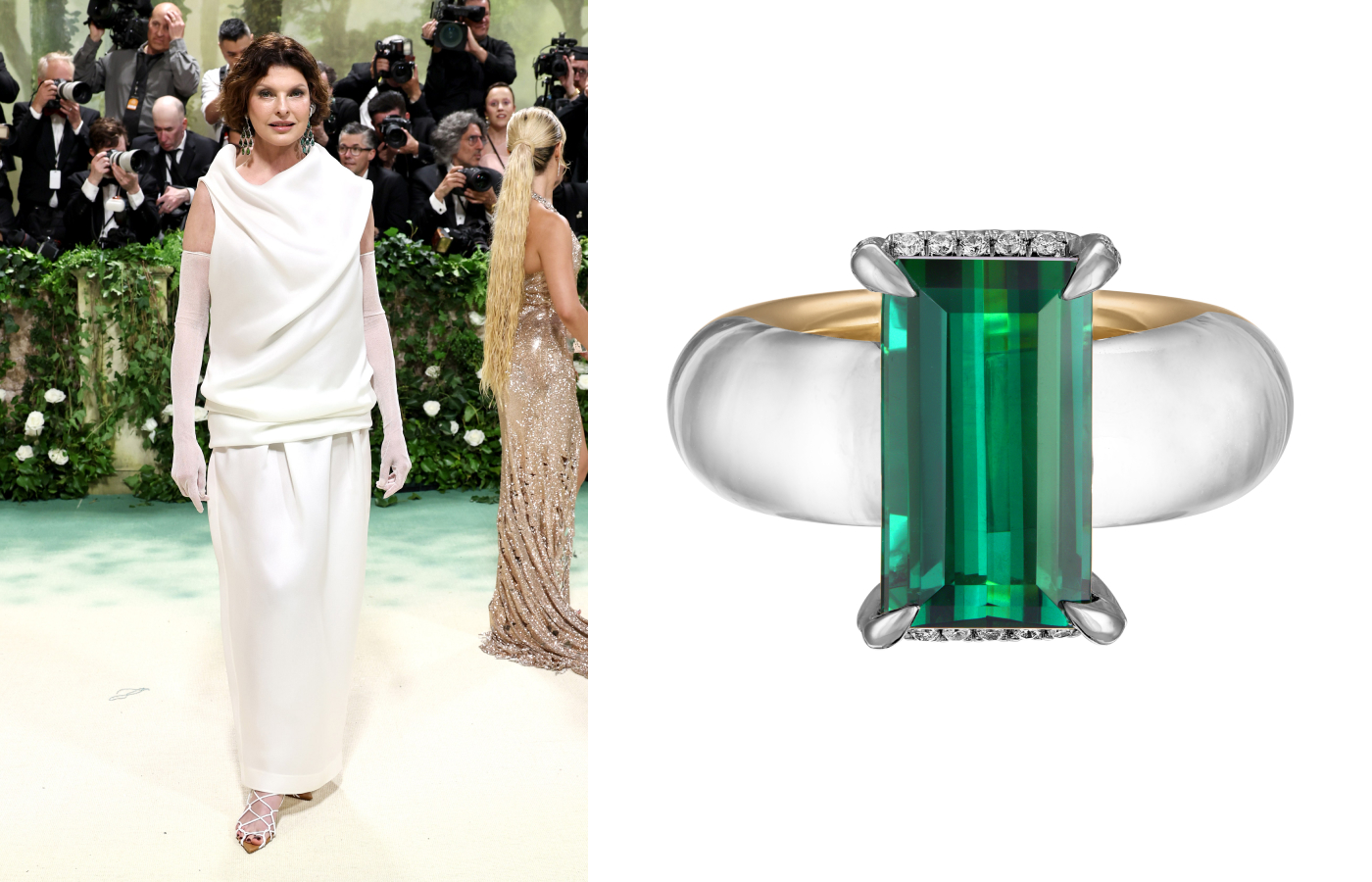  Linda Evangelista wearing the Ana Khouri Phillipa earrings with 91 carats of green tourmalines and diamonds in 18k gold and the green tourmaline, diamond and rock crystal Tea ring (pictured) to the Met Gala 2024 