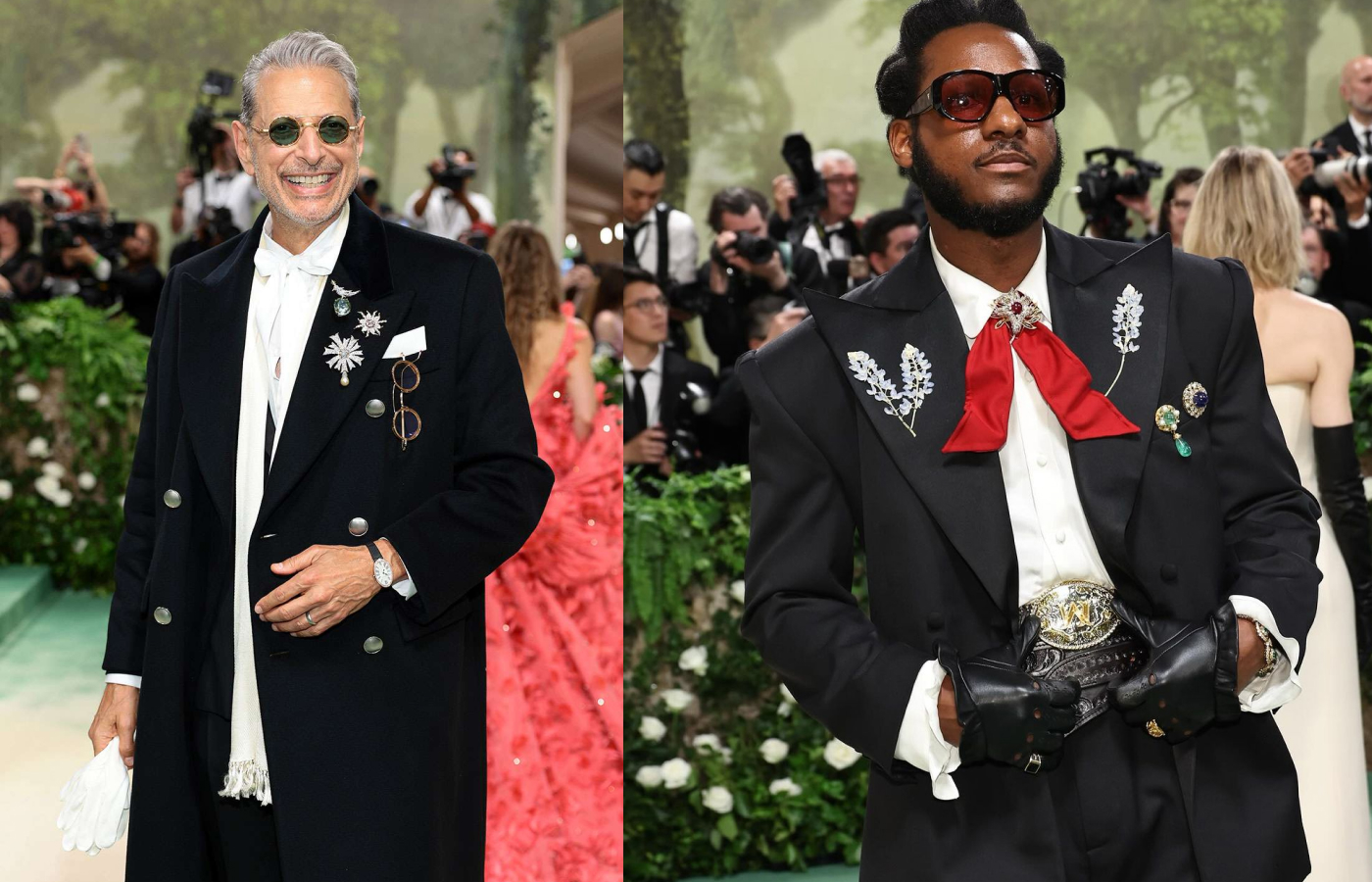  Jeff Goldblum at the Met Gala 2024 wearing a suite of Schlumberger brooch designs by Tiffany & Co., alongside Leon Bridges wearing a selection of vintage brooches by Joseph Saidian and Sons
