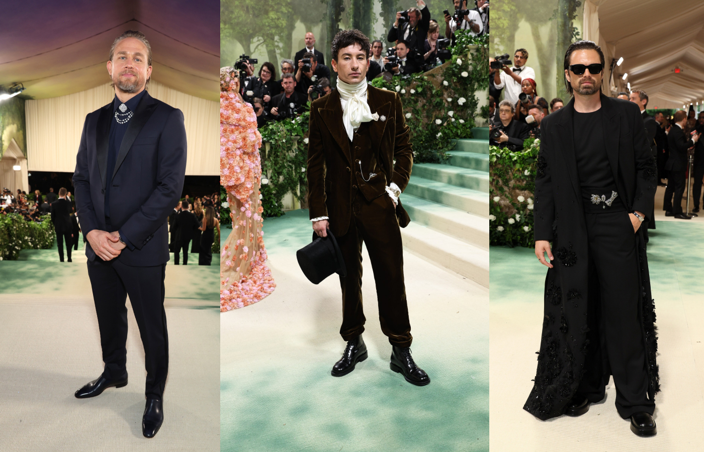  Stylish men at the Met Gala 2024 (from left to right) Charlie Hunnam wearing a pearl and diamond necklace and Art Deco style diamond brooch from Neil Lane Couture, Barry Keoghan wearing three Omega watches and two diamond brooches, and Sebastian Stan wearing three Cartier brooches on his waistband 