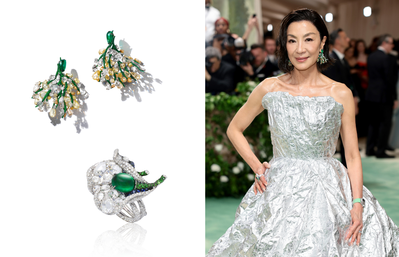  Michelle Yeoh wears the Cindy Chao Black Label Masterpiece XI Emerald Waterfall earrings, set with cabochon Colombian emeralds, white and yellow diamonds and tsavorites, and the White Label Collection Emerald Floral ring with a 3.45-carat Colombian gem, sapphires, tsavorites and diamonds in 18k white gold to the Met Gala 2024