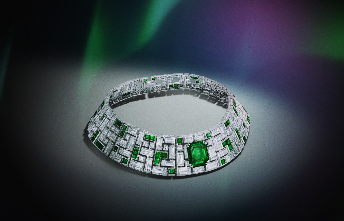  David Morris Mosaico high jewellery choker in white gold, emerald, a 15-ct Colombian emerald and diamond