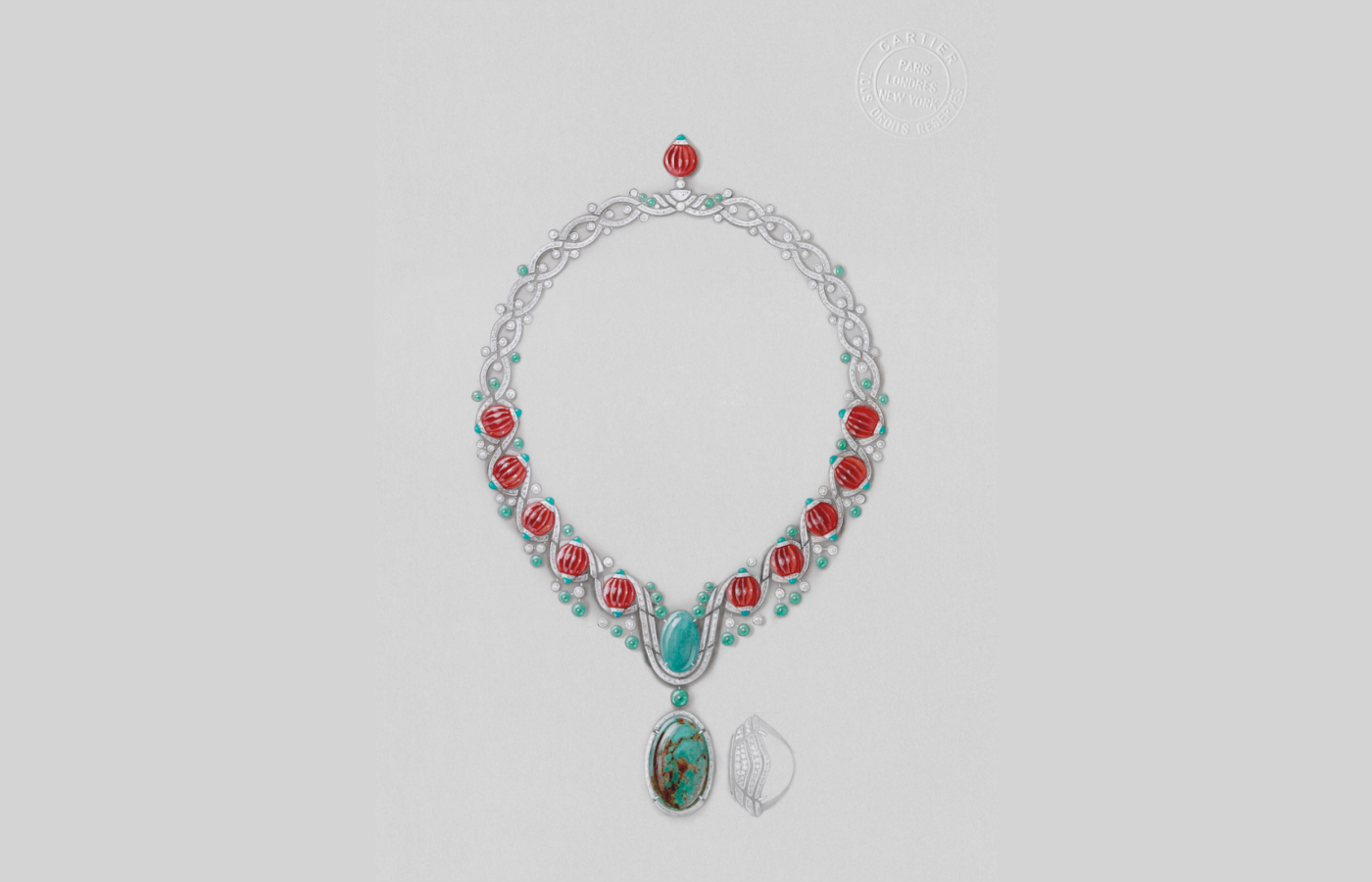 Cartier Yfalos high jewellery necklace in white gold, carved coral, emerald beads, turquoise beads, opal and diamond from the Le Voyage Recommencé collection