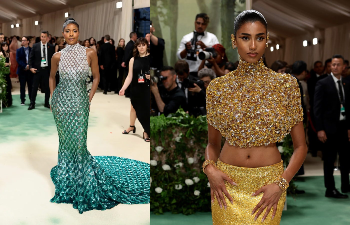  Gabrielle Union attends the Met Gala 2024 in a mermaid-inspired gown and jewels by Tiffany & Co., alongside Imaan Hammam in a Swarovski look with 3,456 Gema crystals and a satin column skirt embellished with 100,000 golden crystals