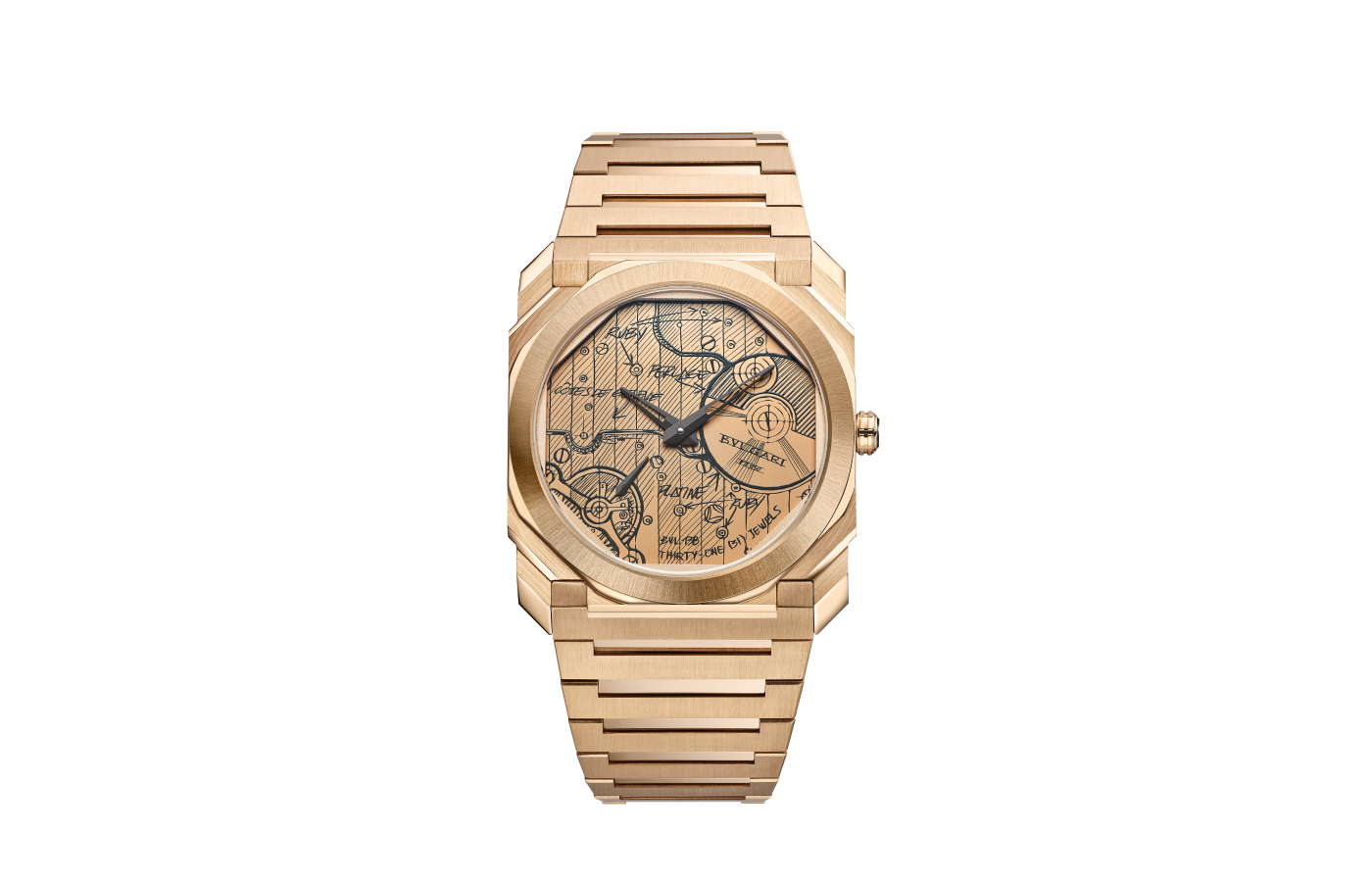 Bulgari Octo Finissimo Automatic Sketch watch in rose gold, polished and satin-brushed finishes, black bead-blasted PVD hands and a lacquered dial reproducing the movement’s design