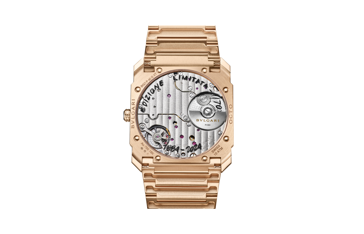  Caseback of the Bulgari Octo Finissimo Automatic Sketch watch in rose gold, polished and satin-brushed finishes, black bead-blasted PVD hands and a lacquered dial reproducing the movement’s design