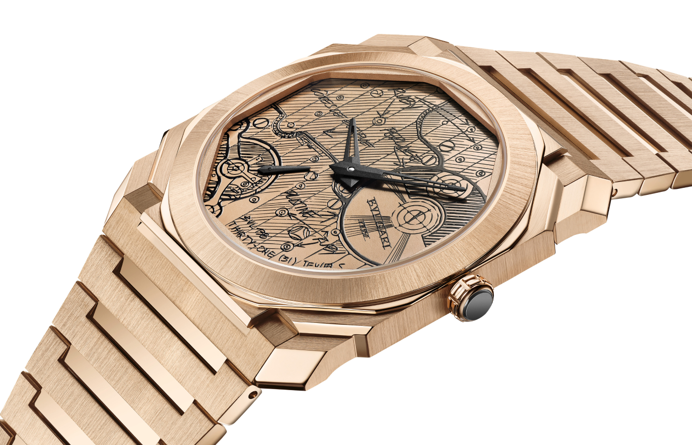 Bulgari Octo Finissimo Automatic Sketch watch in rose gold, polished and satin-brushed finishes, black bead-blasted PVD hands and a lacquered dial reproducing the movement’s design