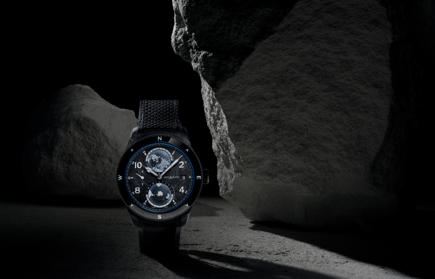 Montblanc 1858 Geosphere 0 Oxygen CARBO2 watch in titanium, CARBO2 fibre with captured CO2, stainless steel with a black and white sfumato glacier pattern dial 