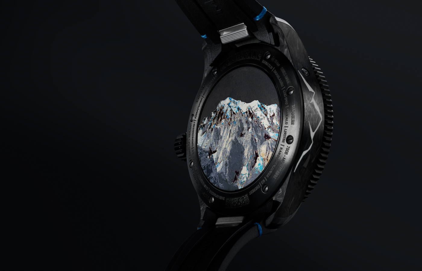  Caseback of the Montblanc 1858 Geosphere 0 Oxygen CARBO2 watch adorned with an images of the Mont Blanc mountain , created using Montblanc’s 3D laser technique 