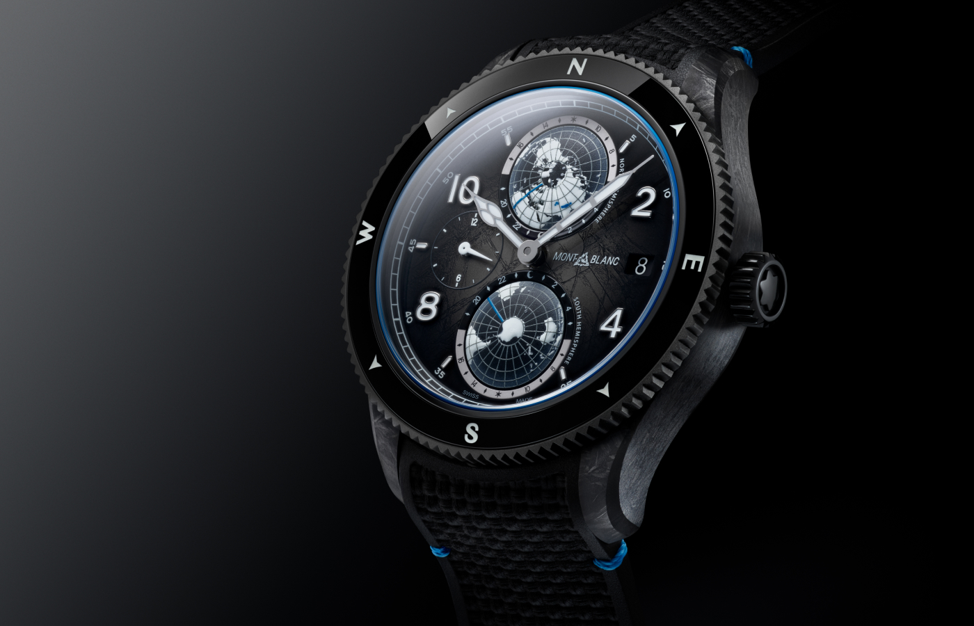  Montblanc 1858 Geosphere 0 Oxygen CARBO2 watch in titanium, CARBO2 fibre with captured CO2, stainless steel with a black and white sfumato glacier pattern dial 