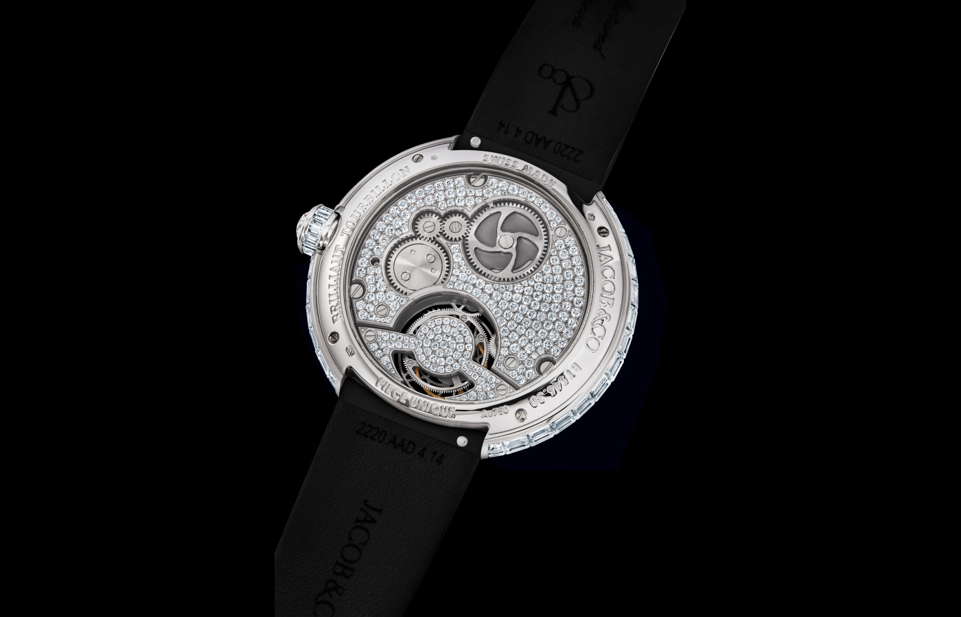  The one-minute flying tourbillon movement of the Jacob & Co. Brilliant Flying Tourbillon watch is set with 338 brilliant-cut white diamonds