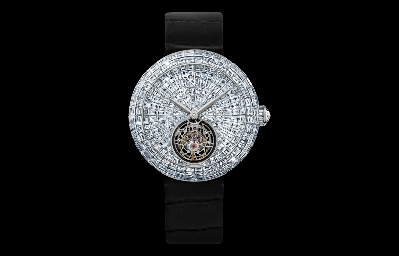  Jacob & Co. Brilliant Flying Tourbillon watch in white gold set with 236 white baguette-cut diamonds and 146 baguette-cut rubies