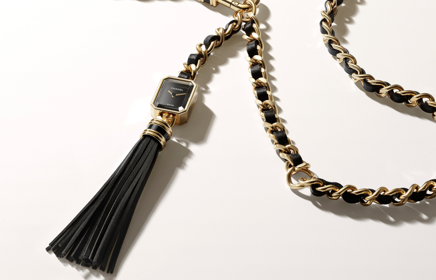 Chanel Première Sautoir-Belt watch in gold, steel, black lacquer and black leather