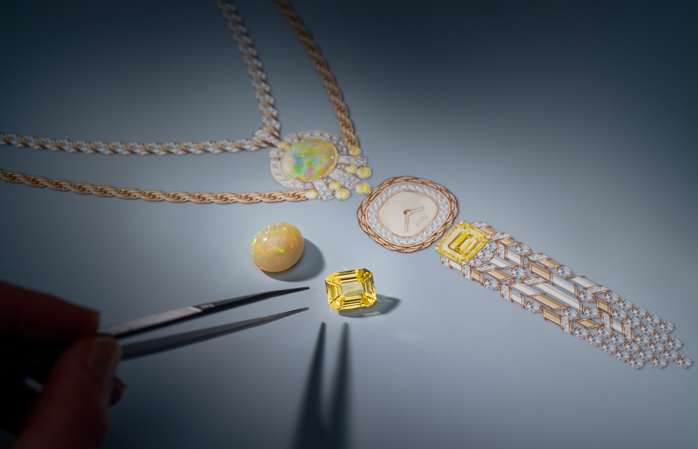 Gouache drawing of the Piaget Swinging Sautoir watch in pink gold, yellow sapphire, cabochon-cut white opal, white chalcedony and diamond