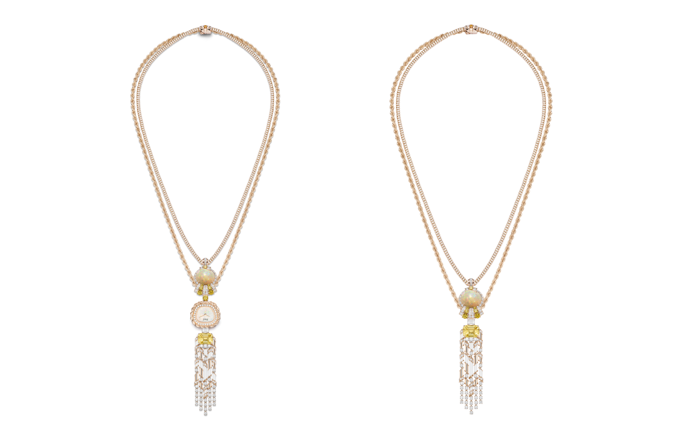  Piaget Swinging Sautoir watch in pink gold, yellow sapphire, cabochon-cut white opal, white chalcedony and diamond