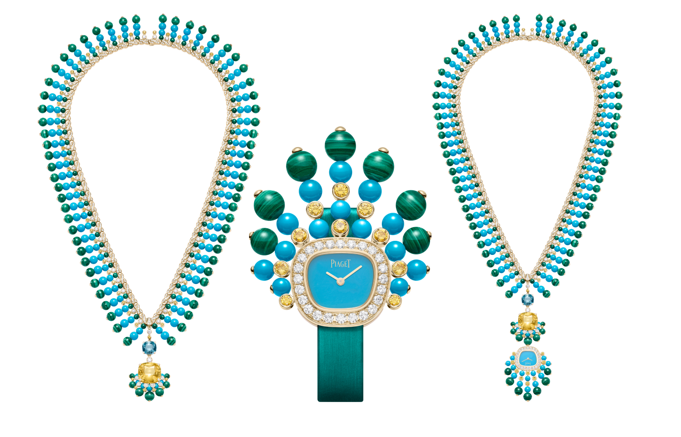  Transformable Piaget Swinging Sautoir watch in gold, yellow sapphire, aquamarine, malachite beads, turquoise beads and diamond