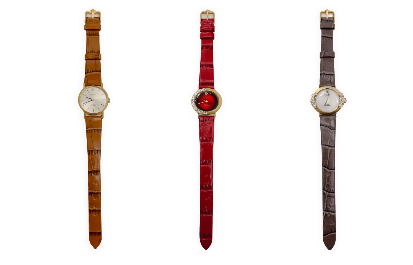  Jade Trau Restored Watch VI - a Gold Vintage 1970's Rolex Cellini with a custom satin finish bezel and gold JT buckle, Restored Watch IV - a Gold Vintage 1970's Rolex Cellini with cobblestone pavé diamonds, custom satin finish bezel and Wide Signature gold JT Buckle, and the Restored Watch III - Gold Vintage 1970's Rolex Cellini with a Signature JT bezel and Posey settings and round-cut, pear-cut and marquise-cut diamonds 