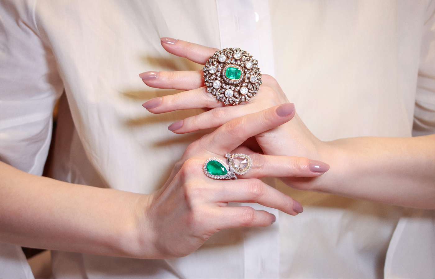 Katerina Perez wearing Amrapali Victorian ring and White Gold Stone ring in white gold set with emeralds, pearls, rose-cut diamonds and diamonds