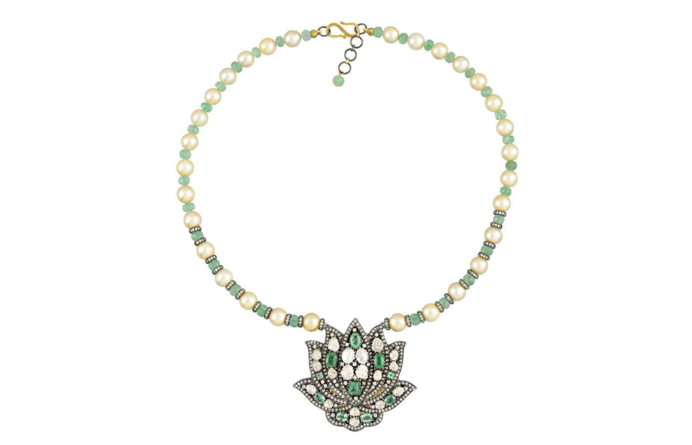  Amrapali Victorian Lotus Pearl necklace in white gold set with pearls, emeralds, emerald beads, polki diamonds and diamonds