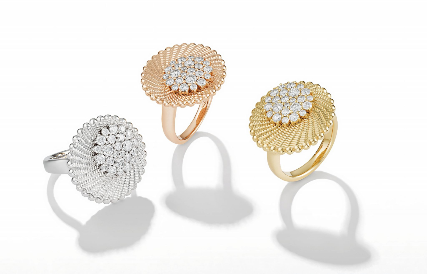 Marceline Paris Maia rings from the Seven Sisters collection in Guilloché gold, white gold, rose gold and diamond