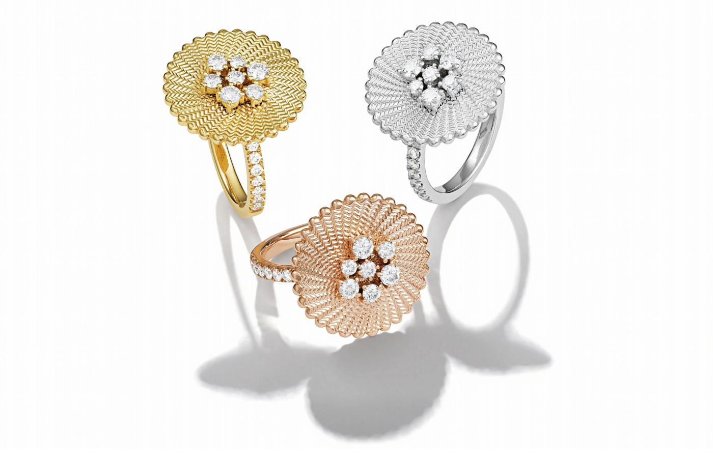  Marceline Paris Seven Sisters rings from the Seven Sisters  collection in Guilloché gold, white gold, rose gold and diamond