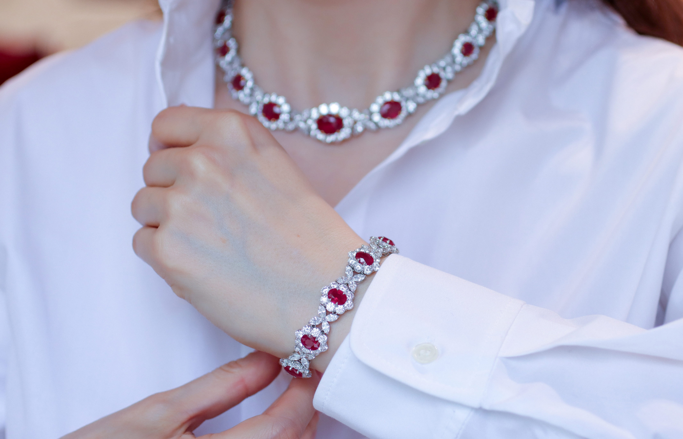  Katerina Perez wearing a Bayco necklace in platinum and gold set with 33-cts of pigeon's blood Burma rubies and 41-cts of diamonds, and a bracelet in platinum set with 13-cts of pigeon's blood Burma rubies and 21-cts of diamonds