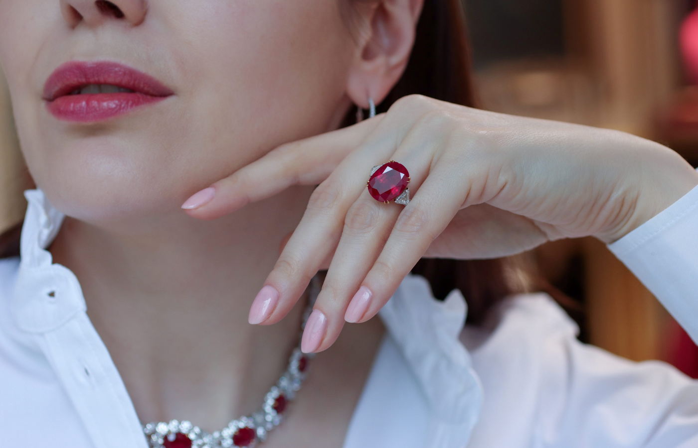  Katerina Perez wearing  a Bayco ring in platinum and gold set with a 13-ct pigeon's blood Burma ruby