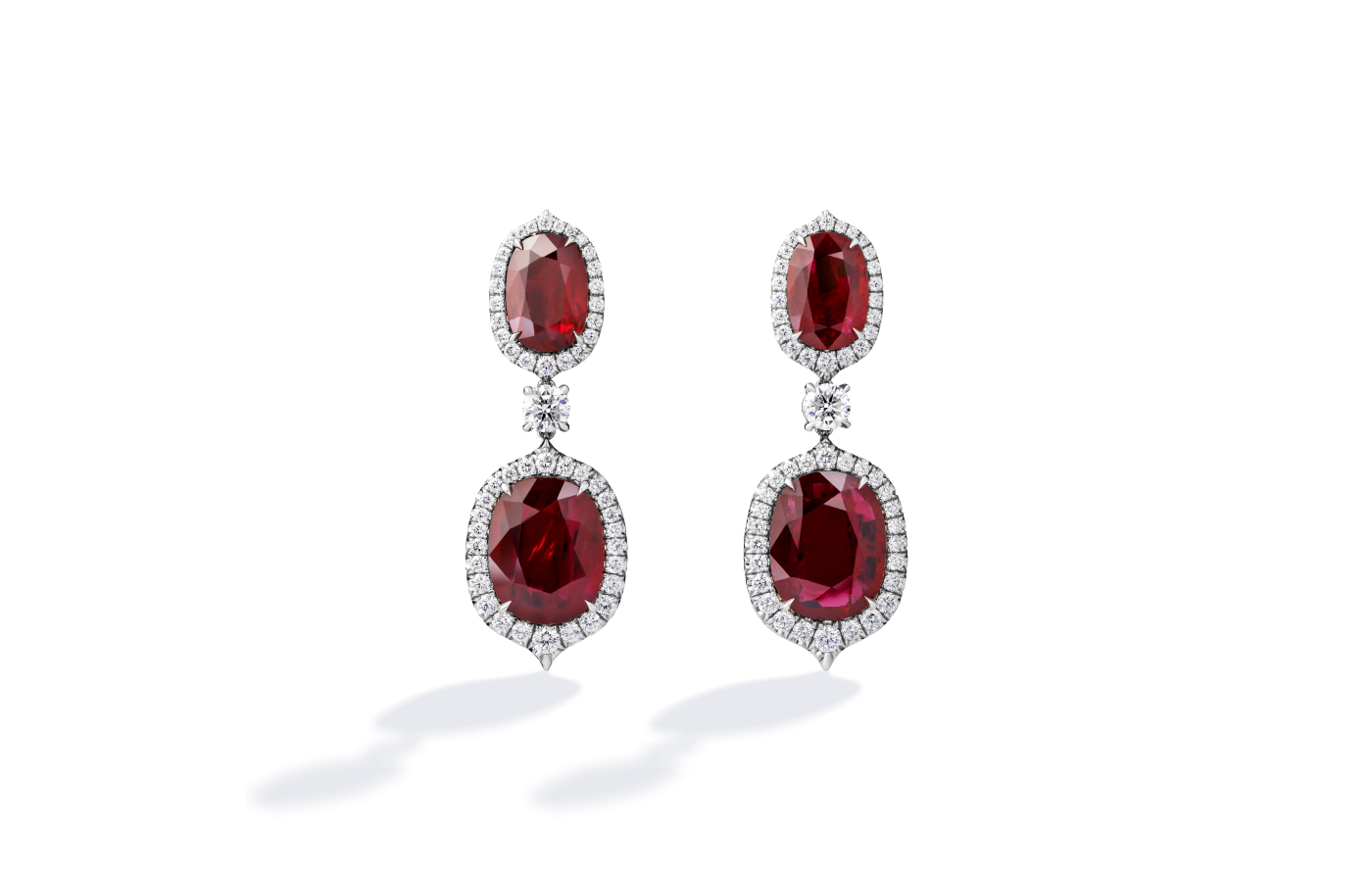  Bayco earrings in platinum set with 15-cts of Mozambique rubies and diamonds