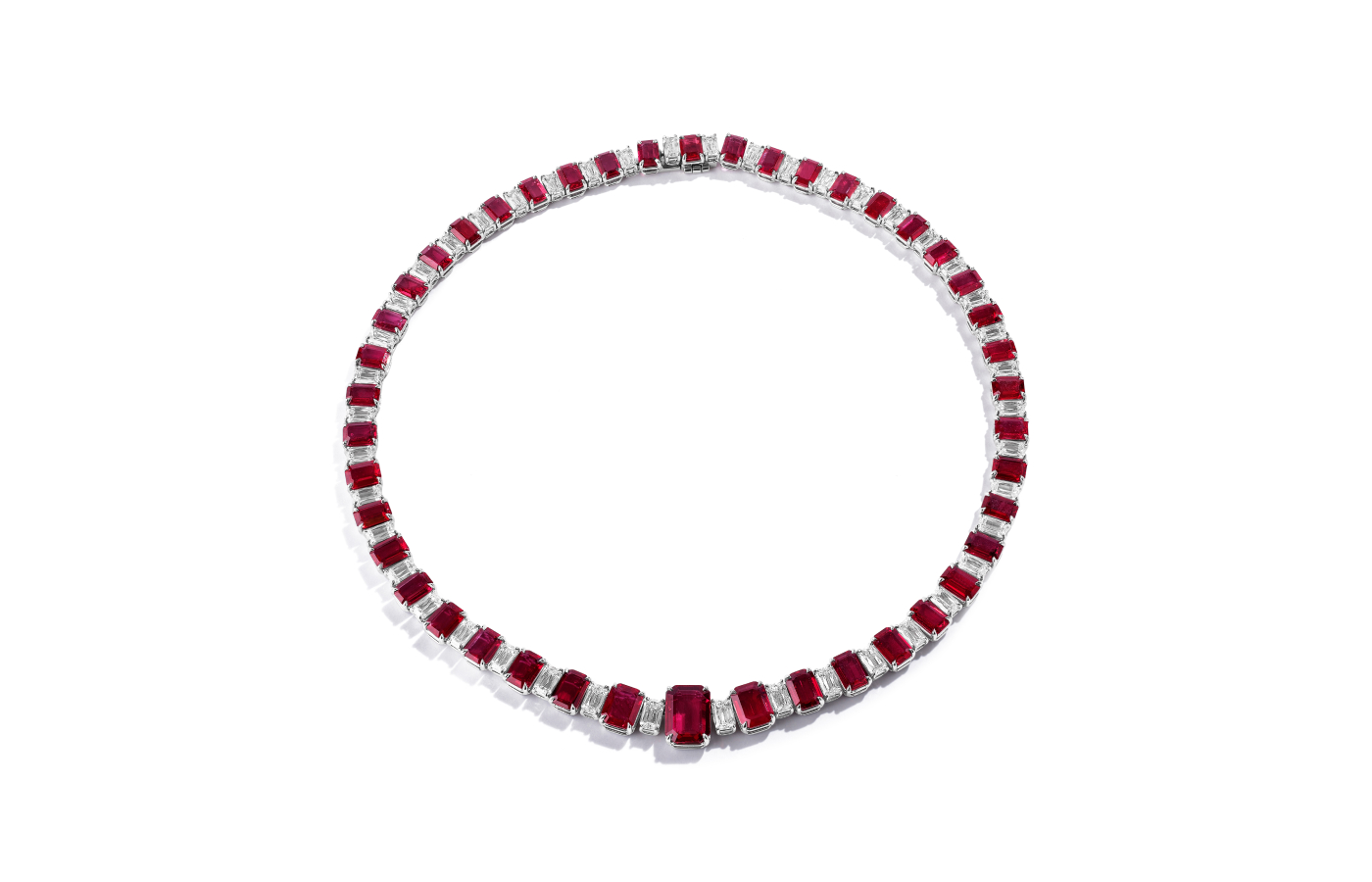  Bayco The Crimson Spendor necklace in platinum set with 48-cts of pigeon's blood Mozambique rubies and 18-cts of diamonds