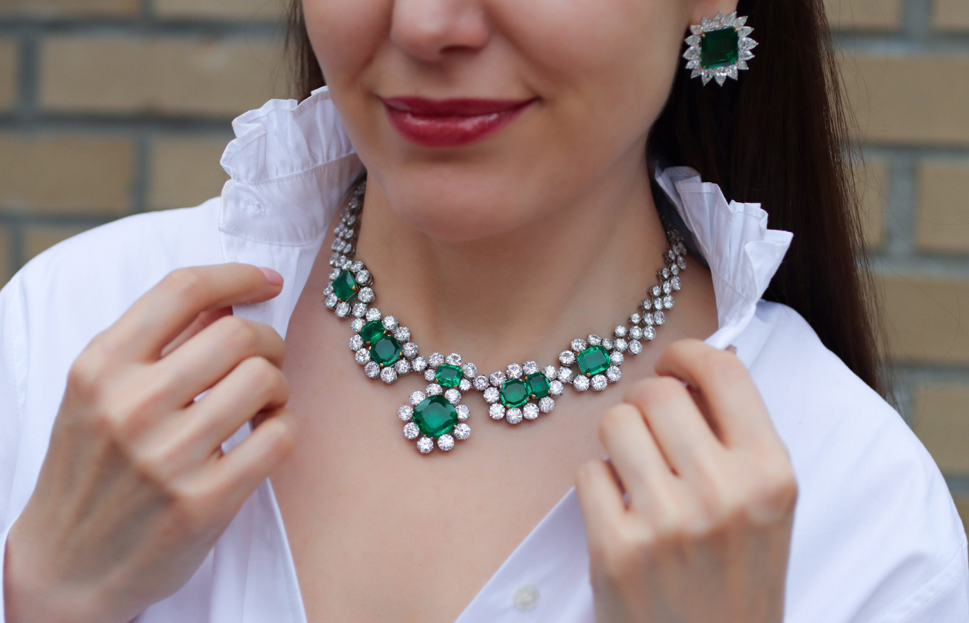 Katerina Perez wearing Bayco The Ambrosiana Emeralds necklace in platinum and gold set with 41-cts of old-mine Colombian emeralds and 79-cts of old-European-cut diamonds