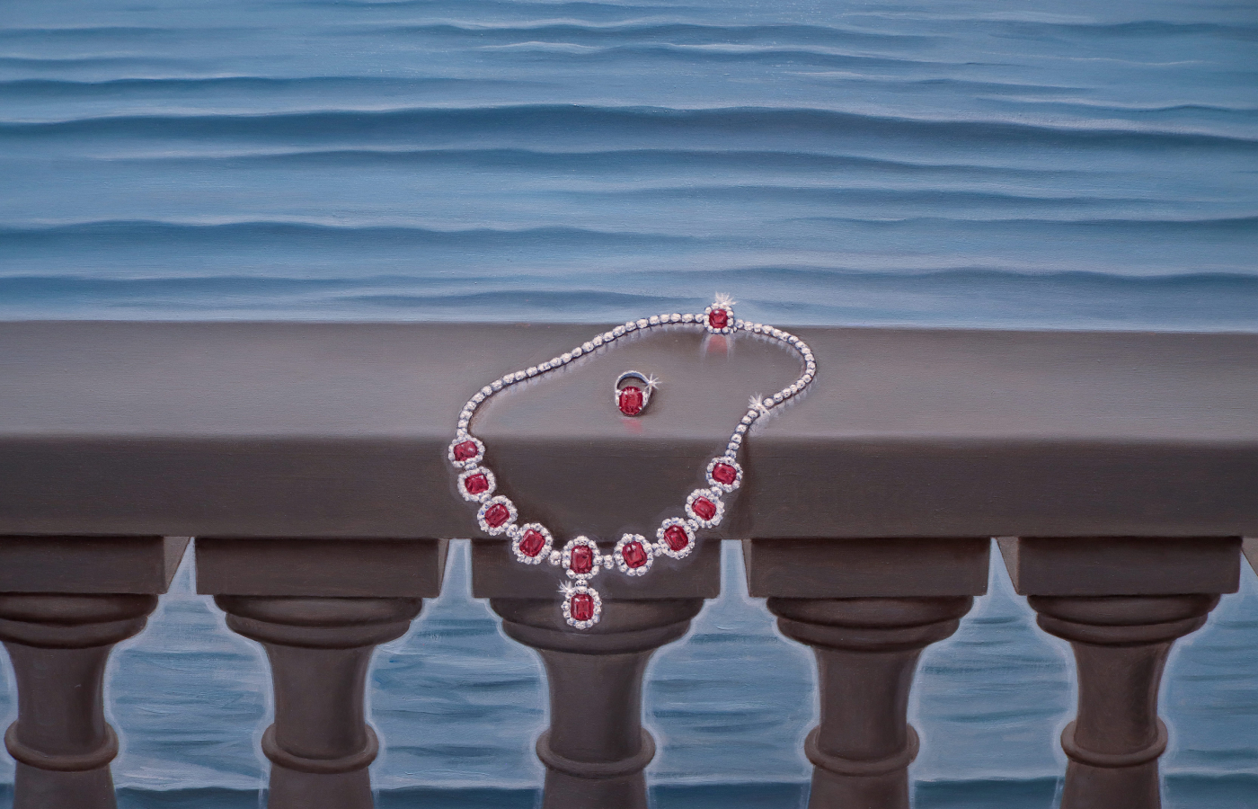  Bayco necklace and ring in pink sapphire and diamond in a painting by Paolo Collini