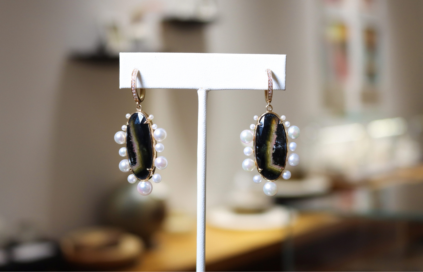 Anna Sheffield Terra Firma Series earrings in gold set with rose-cut tourmaline,  Akoya pearl and reclaimed white diamond