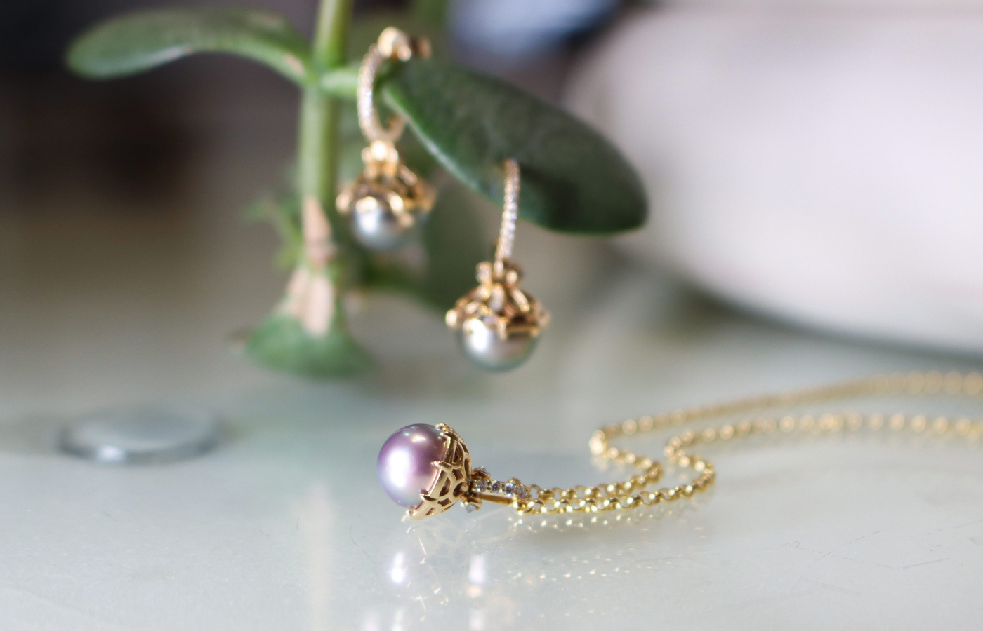  Anna Sheffield earrings and pendant in gold set with Sea of Cortez pearl and reclaimed grey diamond