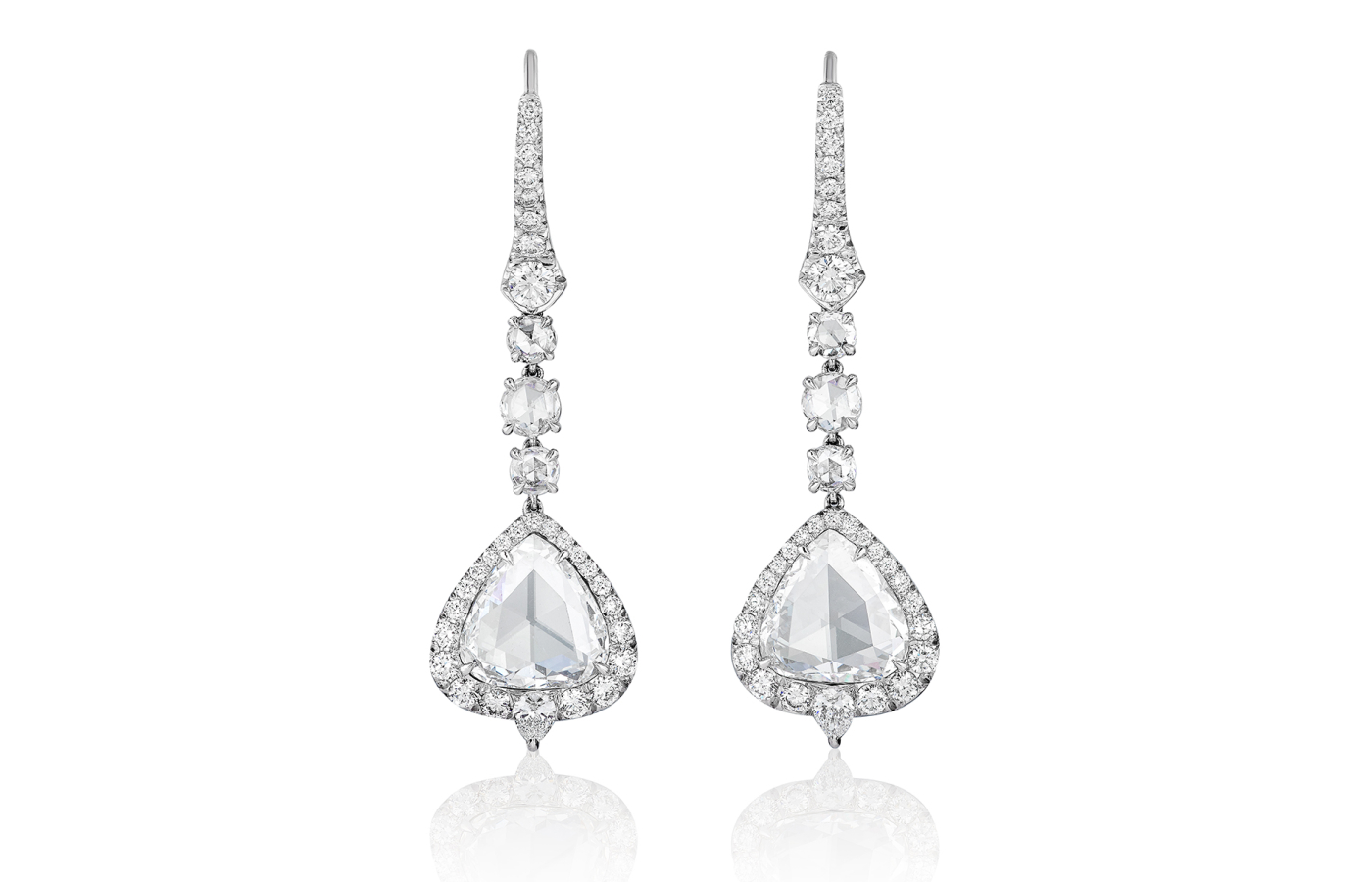  Bayco earrings in platinum set with a 4-ct pair of pear-shaped rose-cut diamonds