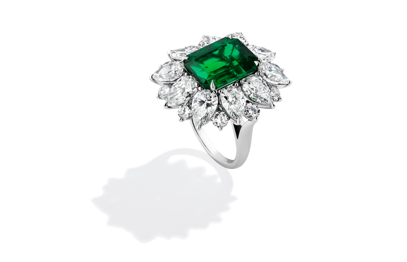  Bayco ring in platinum set with an 8-ct Zambian emerald and diamonds
