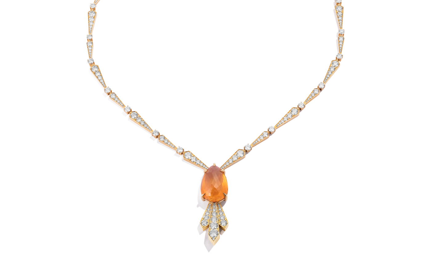 Bayco necklace in gold set with a 17-ct  briolette orange sapphire and diamonds