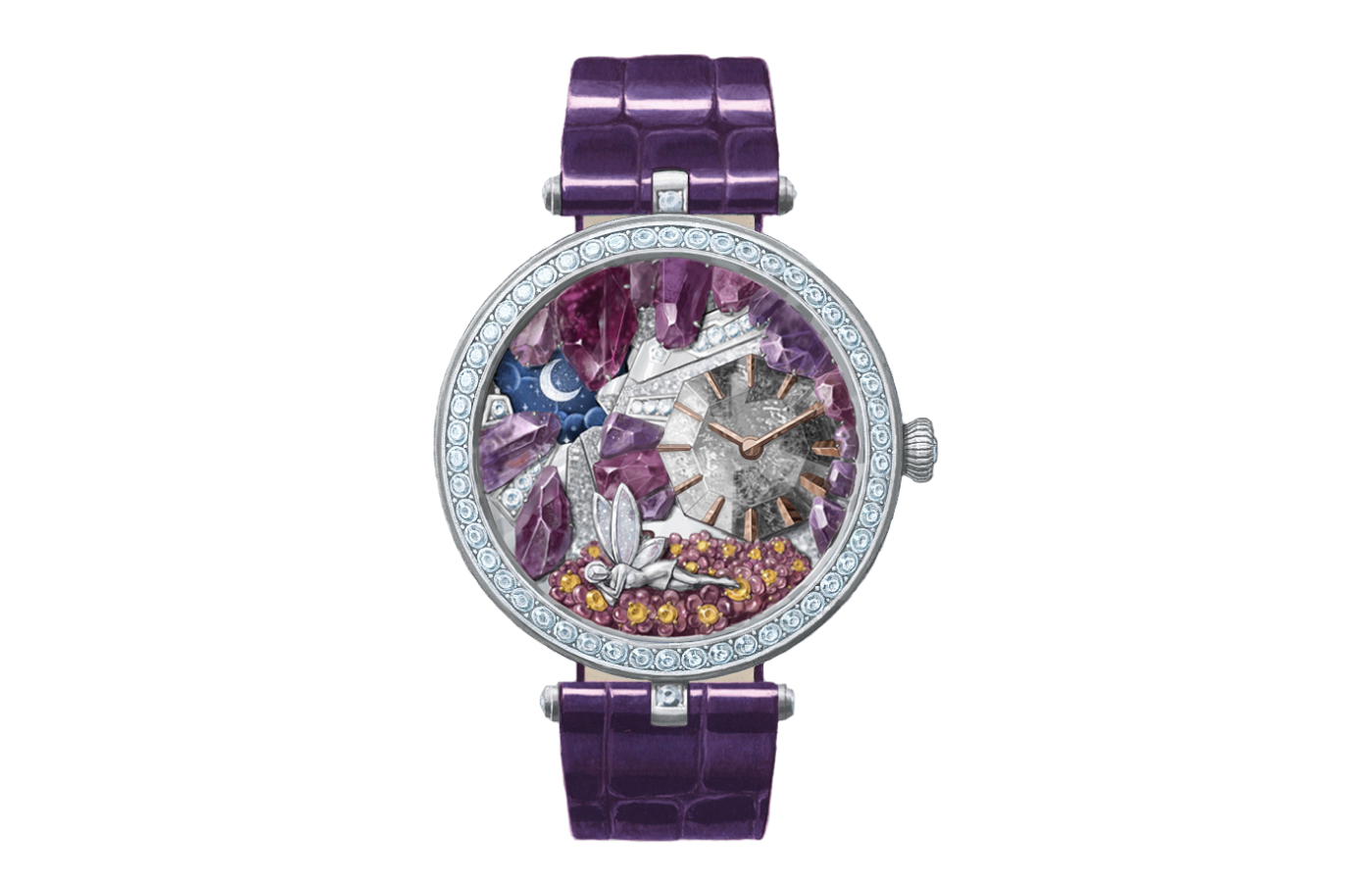 Van Cleef & Arpels Lady Arpels Nuit Enchantée watch in white gold, rose gold, grisaille, plique-à-jour and façonné enamel, sapphire, rock crystal and diamond