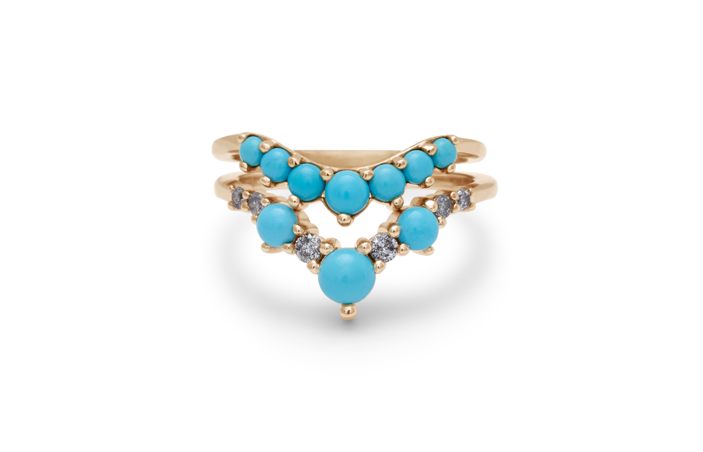  Anna Sheffield Cosmic & Celestine Nesting Bands in gold, sustainably mined Arizona turquoise and reclaimed grey diamond melee