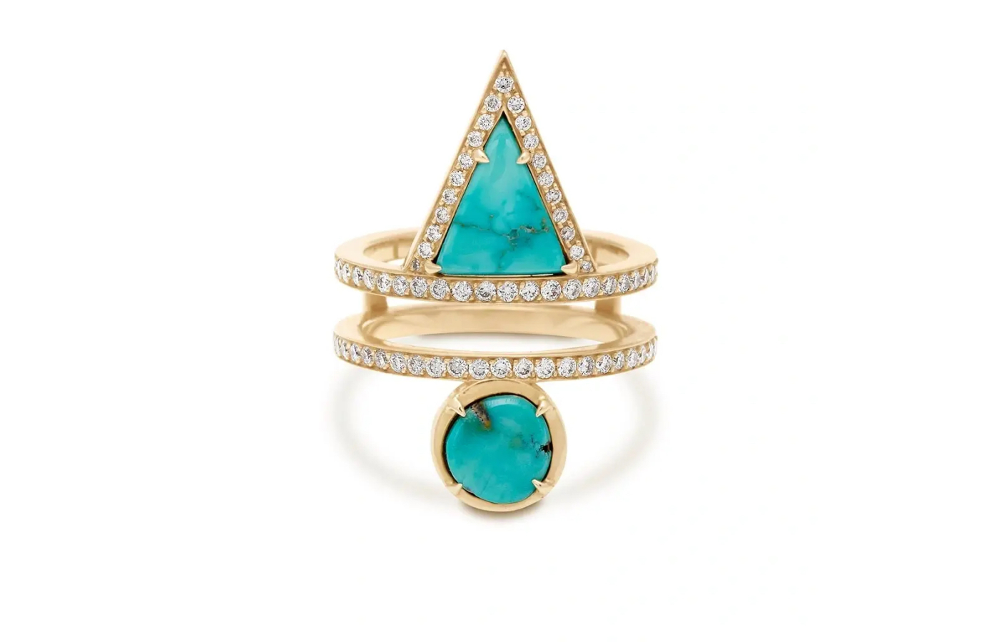 Anna Sheffield Reverse Attelage Ring in gold, natural Bisbee turquoise and reclaimed white diamond melee